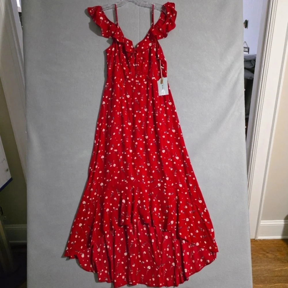 NWT If By Sea Anthropologie Red Floral Off The Shoulder Maxi Dress Size Medium - Picture 1 of 10